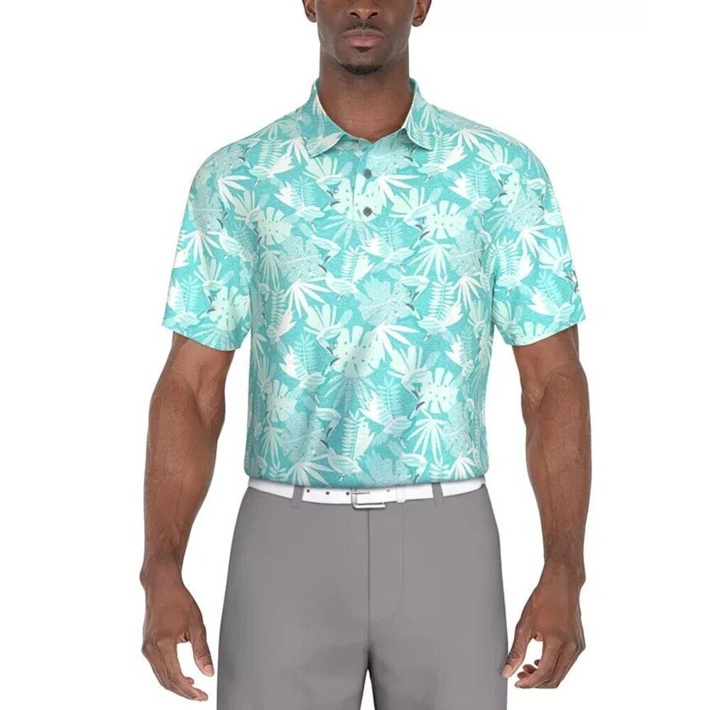 PGA TOUR Men's Athletic-Fit Stretch Performance Stencil Tropical-Print Blue S